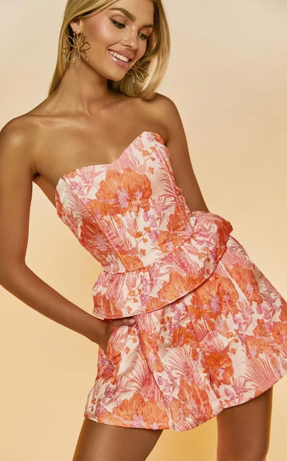 Showpo Hailey Top 8211 Jacquard Strapless Peplum Top In Pink and Orange Women Tops Showpo Hailey Top 8211 Jacquard Strapless Peplum Top In Pink and Orange Women Tops