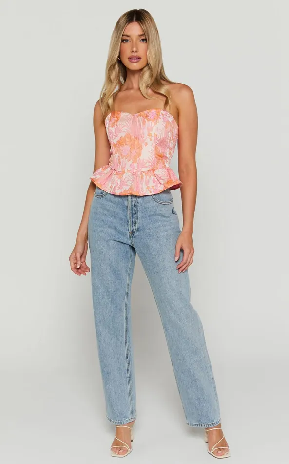 Showpo Hailey Top 8211 Jacquard Strapless Peplum Top In Pink and Orange Women Tops