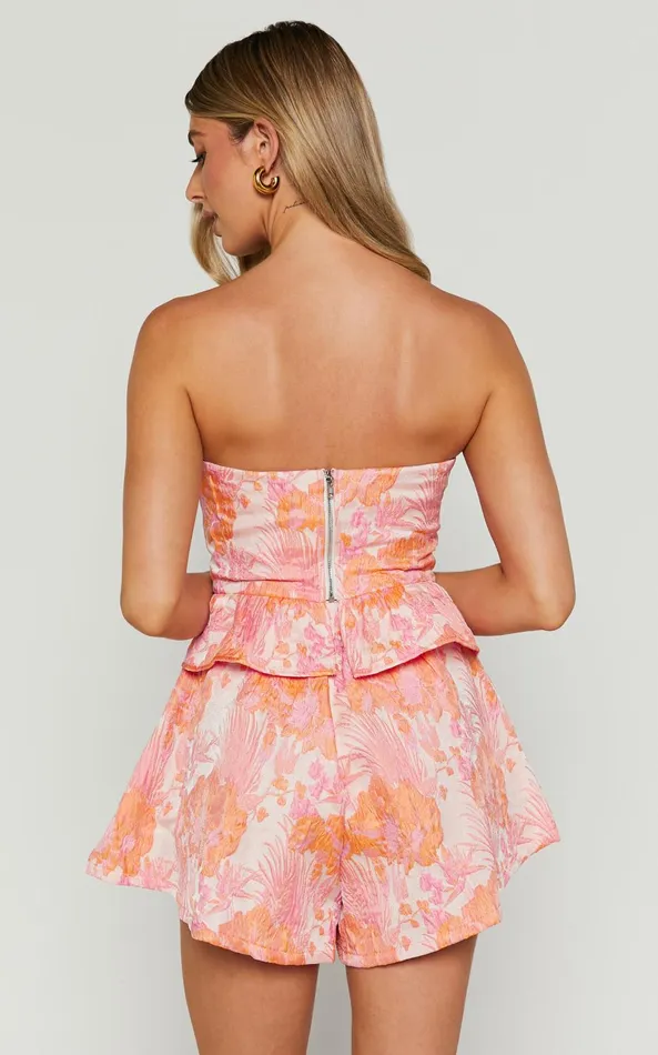 Showpo Hailey Top 8211 Jacquard Strapless Peplum Top In Pink and Orange Women Tops