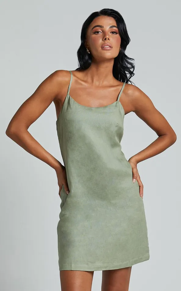 Showpo Hajja Mini Dress 8211 Strappy Scoop Linen Look In Sage Women Dresses