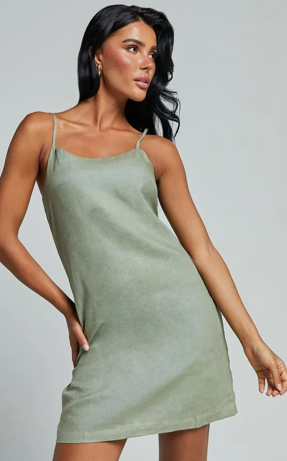 Showpo Hajja Mini Dress 8211 Strappy Scoop Linen Look In Sage Women Dresses