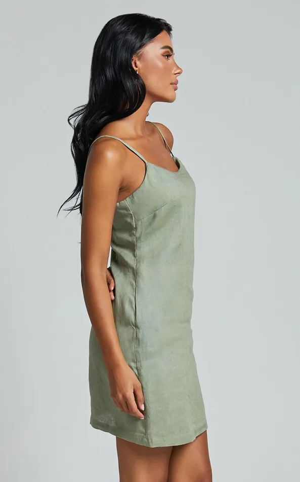 Showpo Hajja Mini Dress 8211 Strappy Scoop Linen Look In Sage Women Dresses