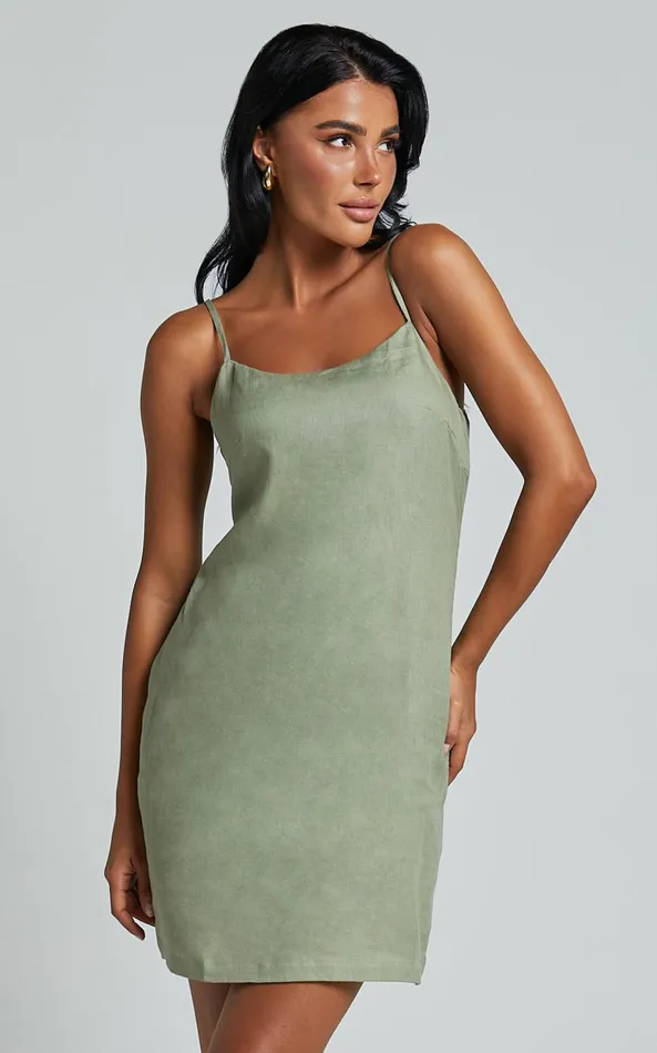 Showpo Hajja Mini Dress 8211 Strappy Scoop Linen Look In Sage Women Dresses