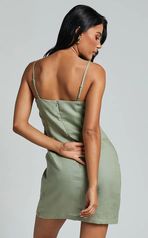 Showpo Hajja Mini Dress 8211 Strappy Scoop Linen Look In Sage Women Dresses