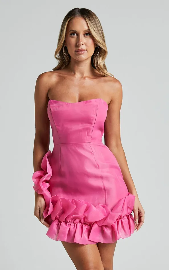 Showpo Hallie Mini Dress 8211 Strapless Ruffle Hem Detail Dress In Pink Women Dresses