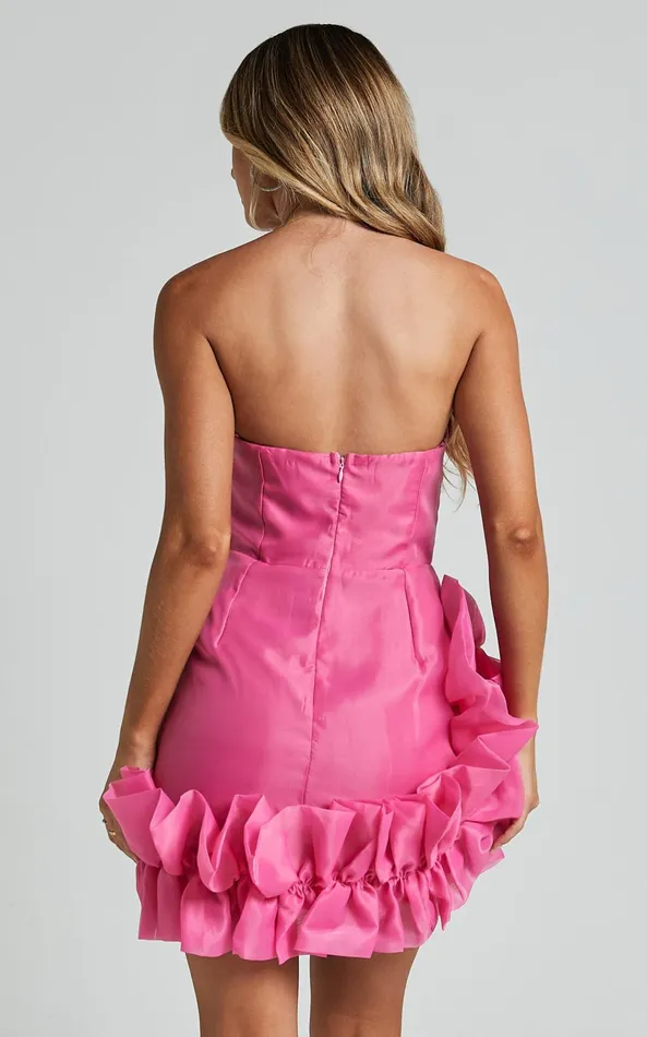 Showpo Hallie Mini Dress 8211 Strapless Ruffle Hem Detail Dress In Pink Women Dresses