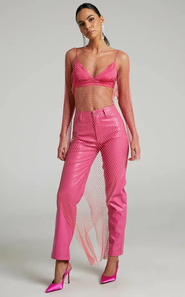 Showpo Hanica Midi Dress 8211 Diamante Mesh Long Sleeve Dress In Neon Pink Women Dresses