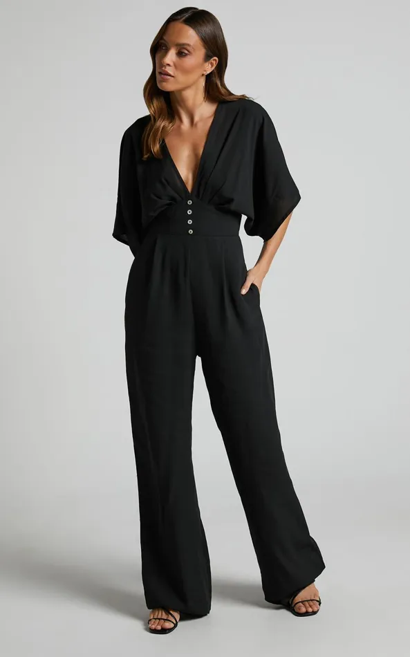 Showpo Hanlou Jumpsuit 8211 Flutter Sleeve VNeck Button Front Wide Leg Jumpsuit In Black Women Curve Clothes Showpo Hanlou Jumpsuit 8211 Flutter Sleeve VNeck Button Front Wide Leg Jumpsuit In Black Women Curve Clothes