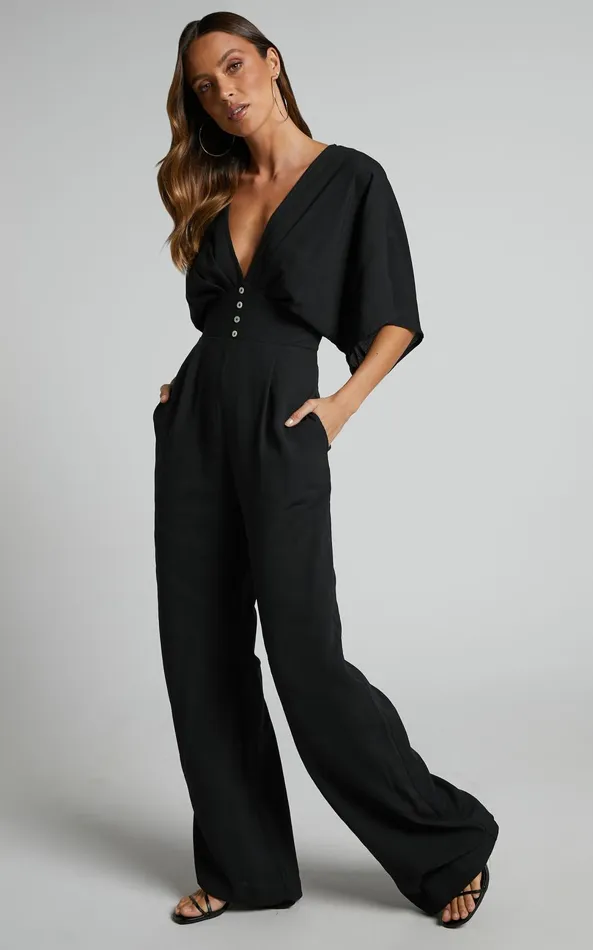 Showpo Hanlou Jumpsuit 8211 Flutter Sleeve VNeck Button Front Wide Leg Jumpsuit In Black Women Curve Clothes Showpo Hanlou Jumpsuit 8211 Flutter Sleeve VNeck Button Front Wide Leg Jumpsuit In Black Women Curve Clothes