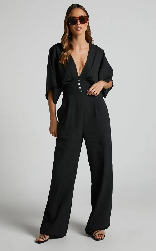 Showpo Hanlou Jumpsuit 8211 Flutter Sleeve VNeck Button Front Wide Leg Jumpsuit In Black Women Curve Clothes Showpo Hanlou Jumpsuit 8211 Flutter Sleeve VNeck Button Front Wide Leg Jumpsuit In Black Women Curve Clothes