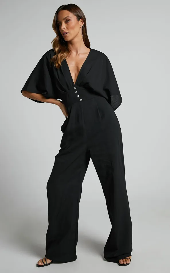 Showpo Hanlou Jumpsuit 8211 Flutter Sleeve VNeck Button Front Wide Leg Jumpsuit In Black Women Curve Clothes Showpo Hanlou Jumpsuit 8211 Flutter Sleeve VNeck Button Front Wide Leg Jumpsuit In Black Women Curve Clothes
