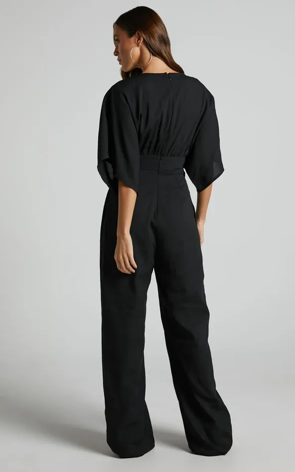 Showpo Hanlou Jumpsuit 8211 Flutter Sleeve VNeck Button Front Wide Leg Jumpsuit In Black Women Curve Clothes Showpo Hanlou Jumpsuit 8211 Flutter Sleeve VNeck Button Front Wide Leg Jumpsuit In Black Women Curve Clothes
