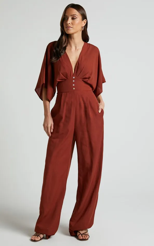 Showpo Hanlou Jumpsuit 8211 Flutter Sleeve VNeck Button Front Wide Leg Jumpsuit In Rust Women Jumpsuits Showpo Hanlou Jumpsuit 8211 Flutter Sleeve VNeck Button Front Wide Leg Jumpsuit In Rust Women Jumpsuits