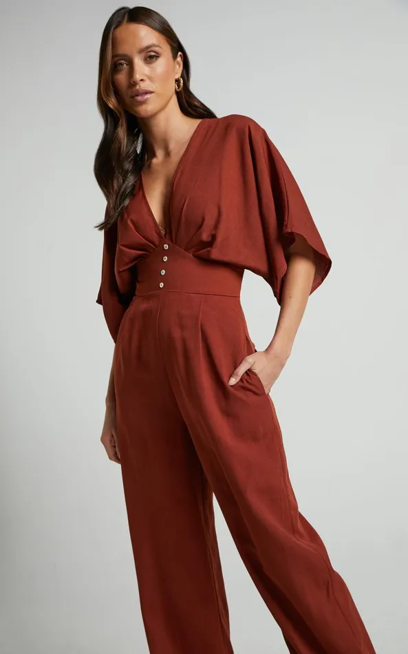 Showpo Hanlou Jumpsuit 8211 Flutter Sleeve VNeck Button Front Wide Leg Jumpsuit In Rust Women Jumpsuits