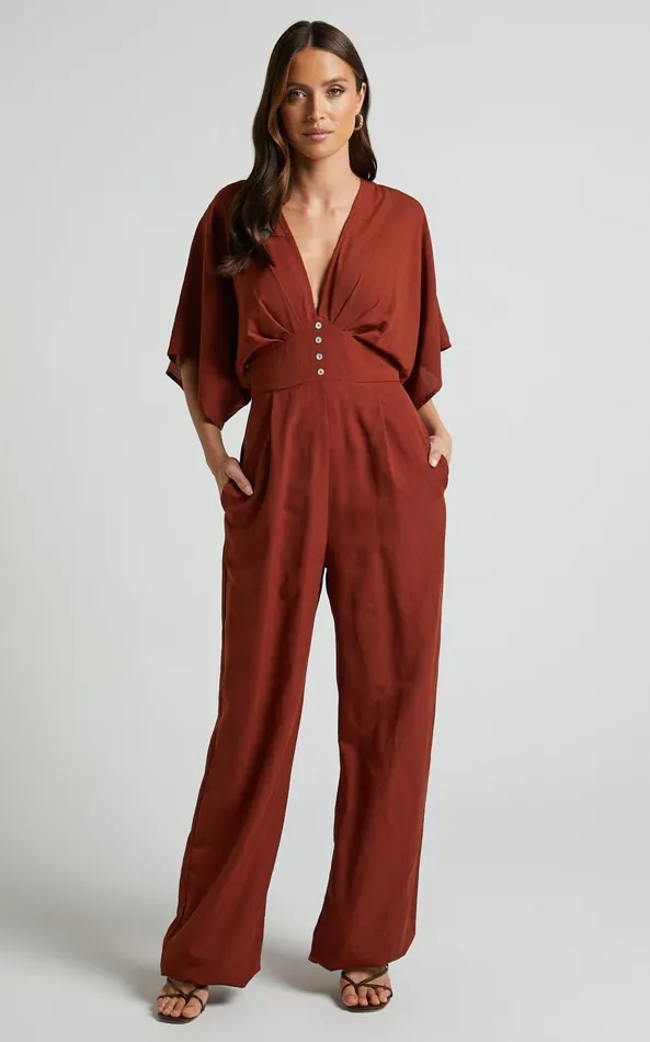Showpo Hanlou Jumpsuit 8211 Flutter Sleeve VNeck Button Front Wide Leg Jumpsuit In Rust Women Jumpsuits