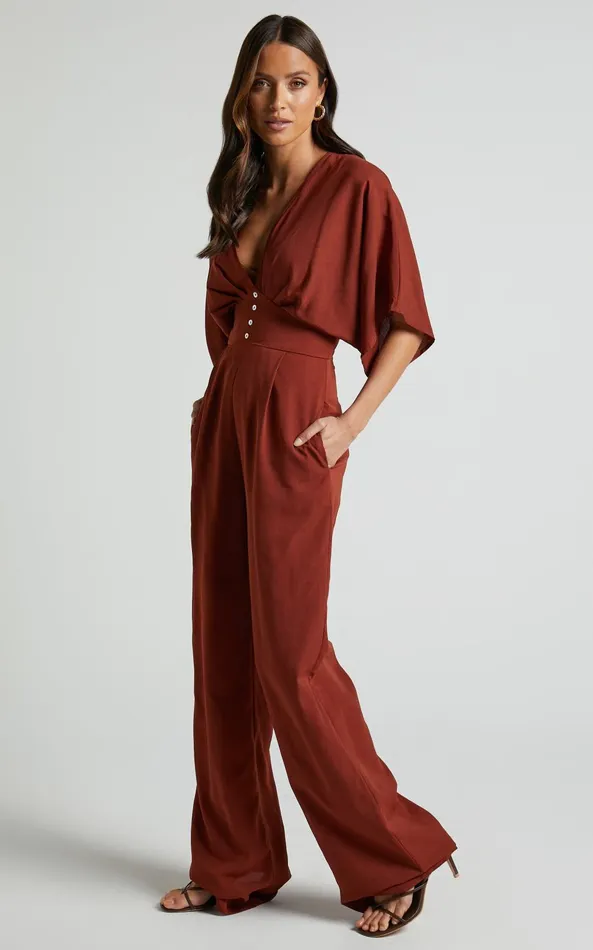 Showpo Hanlou Jumpsuit 8211 Flutter Sleeve VNeck Button Front Wide Leg Jumpsuit In Rust Women Jumpsuits