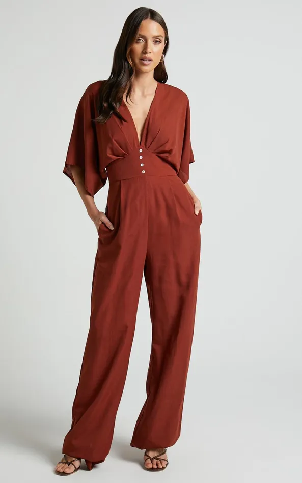 Showpo Hanlou Jumpsuit 8211 Flutter Sleeve VNeck Button Front Wide Leg Jumpsuit In Rust Women Jumpsuits