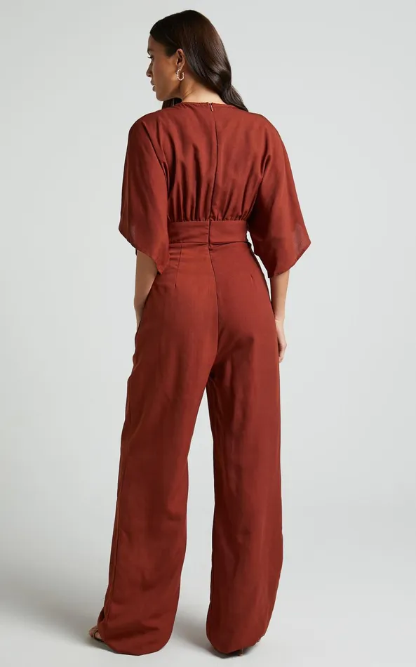 Showpo Hanlou Jumpsuit 8211 Flutter Sleeve VNeck Button Front Wide Leg Jumpsuit In Rust Women Jumpsuits