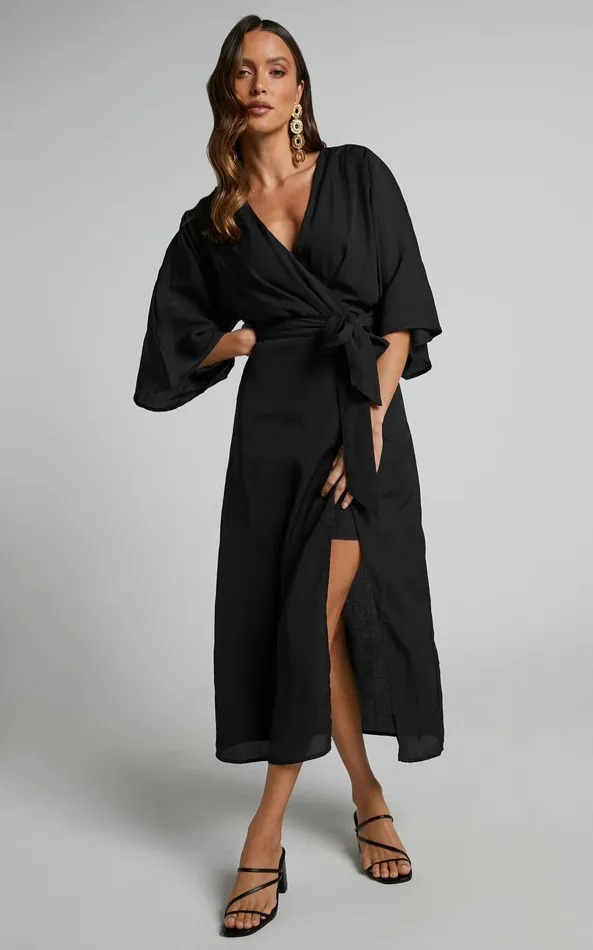 Showpo Hanlou Midi Dress 8211 Long Sleeve Plunge Wrap Dress In Black Women Dresses