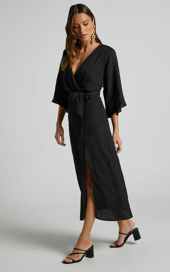 Showpo Hanlou Midi Dress 8211 Long Sleeve Plunge Wrap Dress In Black Women Dresses