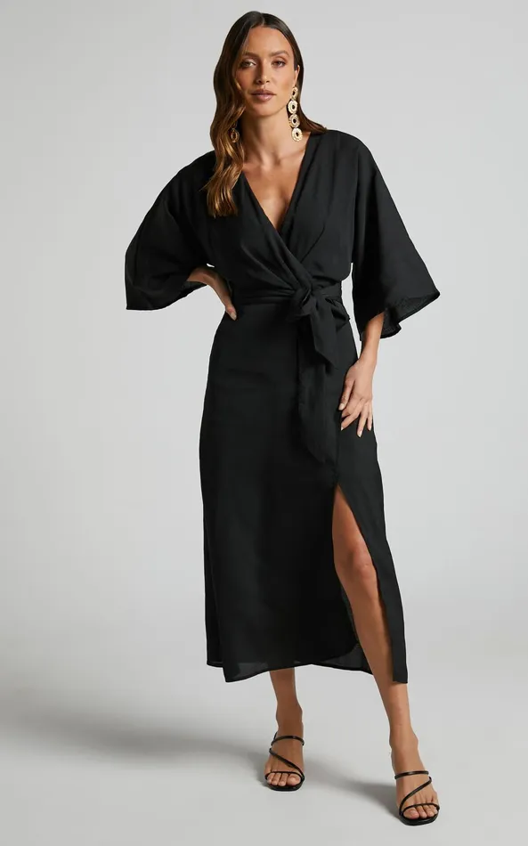 Showpo Hanlou Midi Dress 8211 Long Sleeve Plunge Wrap Dress In Black Women Dresses