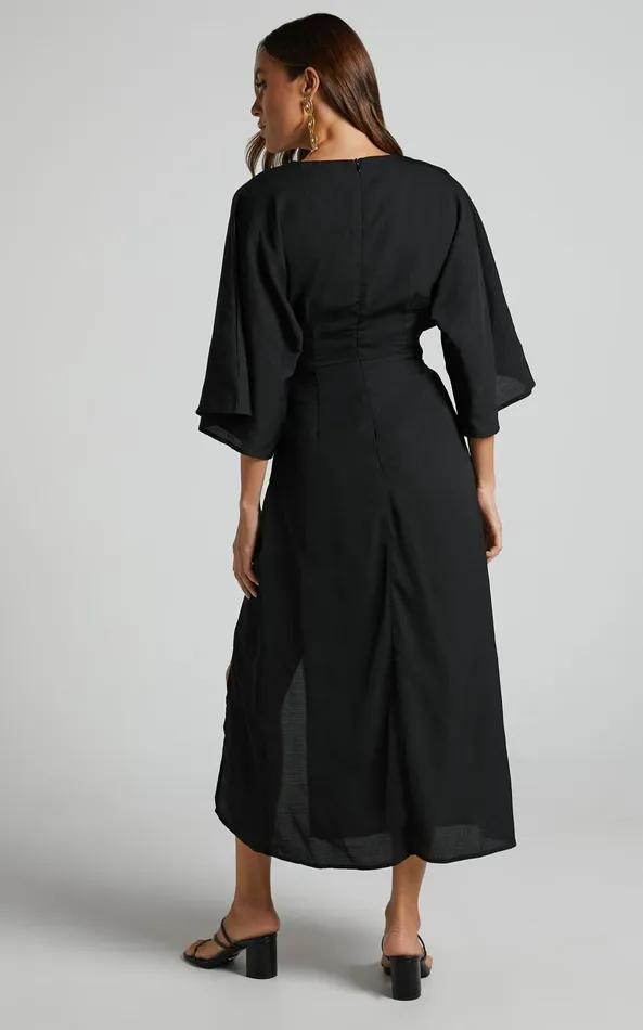 Showpo Hanlou Midi Dress 8211 Long Sleeve Plunge Wrap Dress In Black Women Dresses