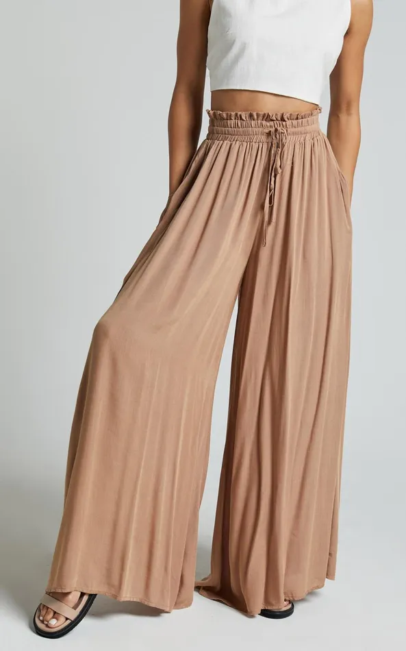 Showpo Hany Pants 8211 High Waist Drawstring Wide Leg Pants In Latte Women Pants