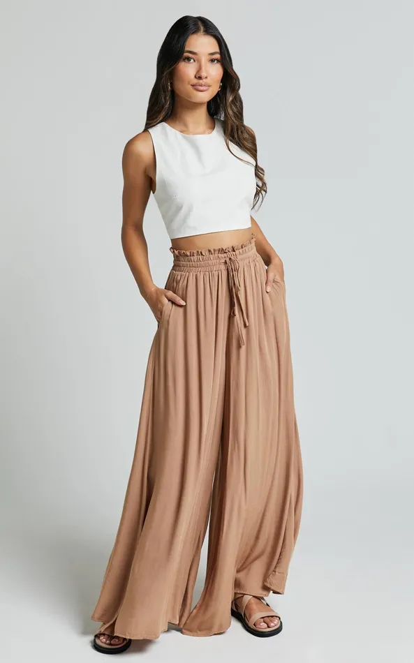 Showpo Hany Pants 8211 High Waist Drawstring Wide Leg Pants In Latte Women Pants