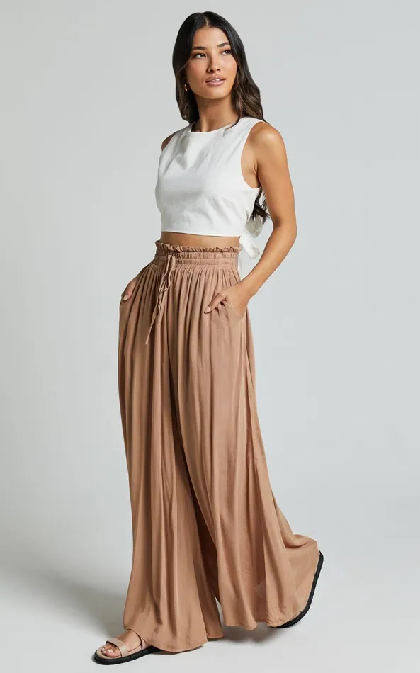 Showpo Hany Pants 8211 High Waist Drawstring Wide Leg Pants In Latte Women Pants