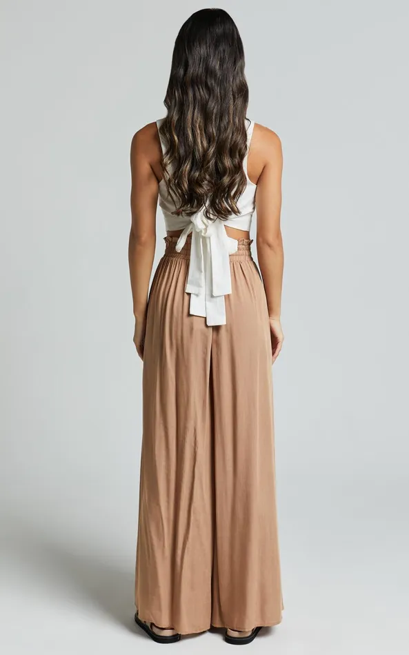 Showpo Hany Pants 8211 High Waist Drawstring Wide Leg Pants In Latte Women Pants