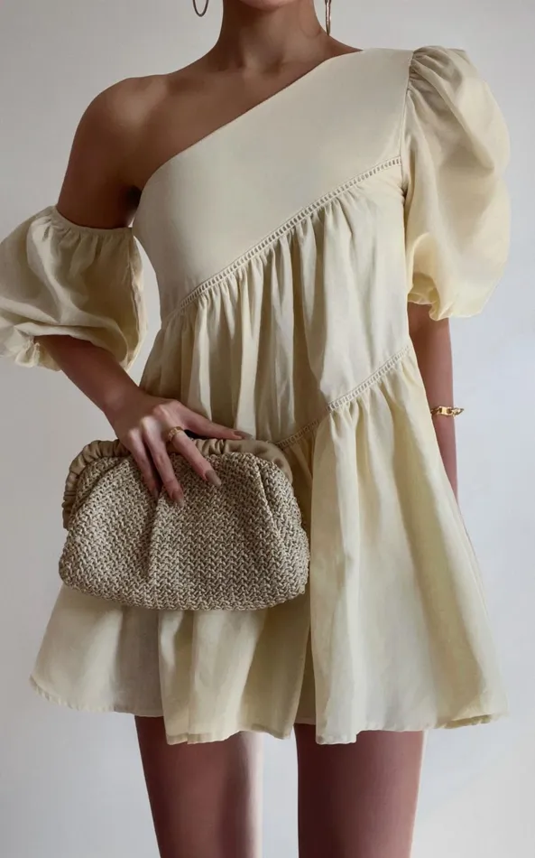 Showpo Harleen Mini Dress 8211 Linen Look Asymmetrical Trim Puff Sleeve Dress In Beige Women Dresses Showpo Harleen Mini Dress 8211 Linen Look Asymmetrical Trim Puff Sleeve Dress In Beige Women Dresses