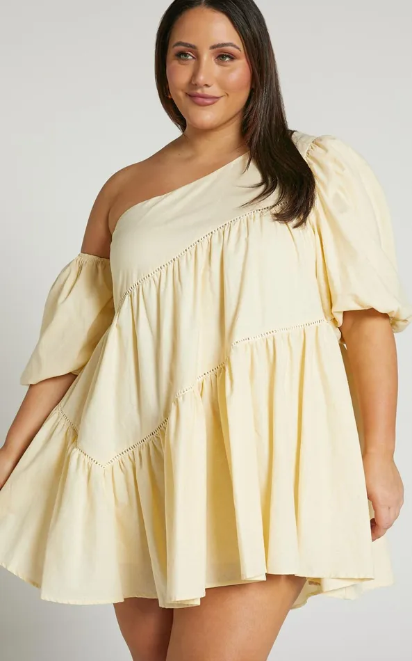 Showpo Harleen Mini Dress 8211 Linen Look Asymmetrical Trim Puff Sleeve Dress In Beige Women Dresses