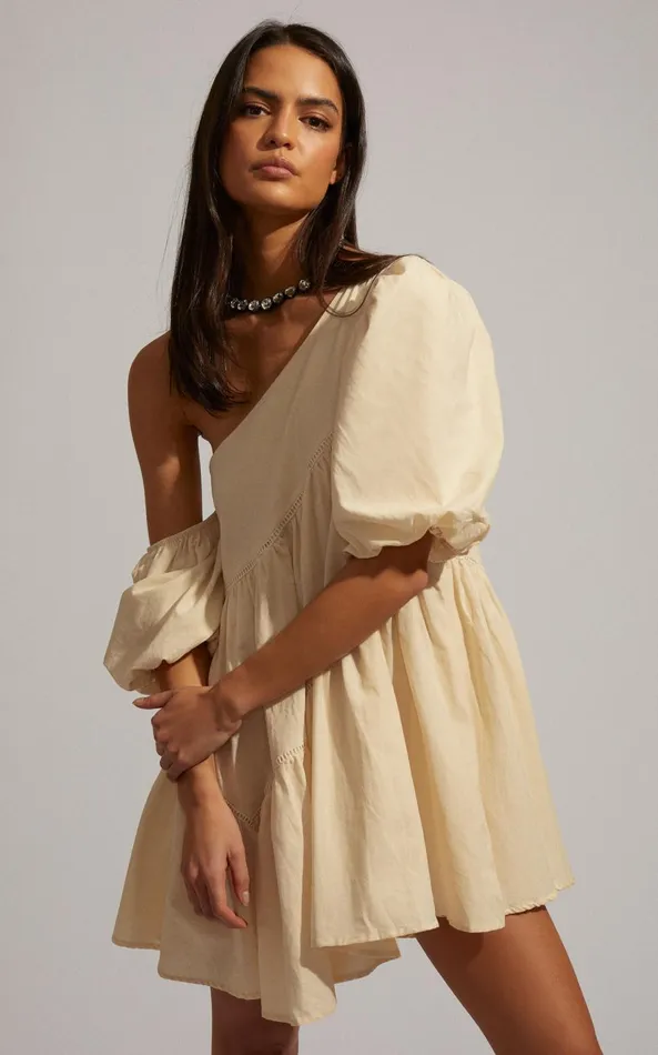 Showpo Harleen Mini Dress 8211 Linen Look Asymmetrical Trim Puff Sleeve Dress In Beige Women Dresses