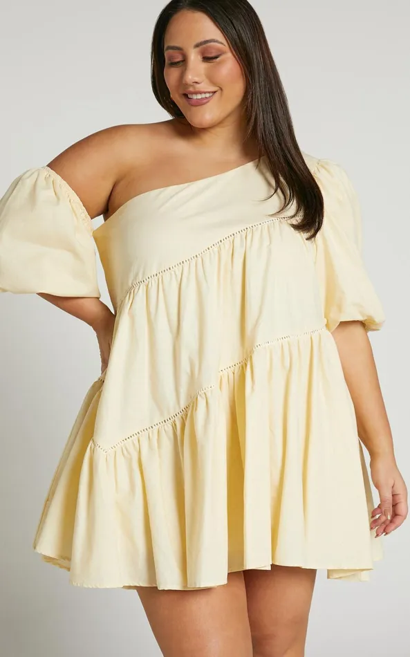 Showpo Harleen Mini Dress 8211 Linen Look Asymmetrical Trim Puff Sleeve Dress In Beige Women Dresses