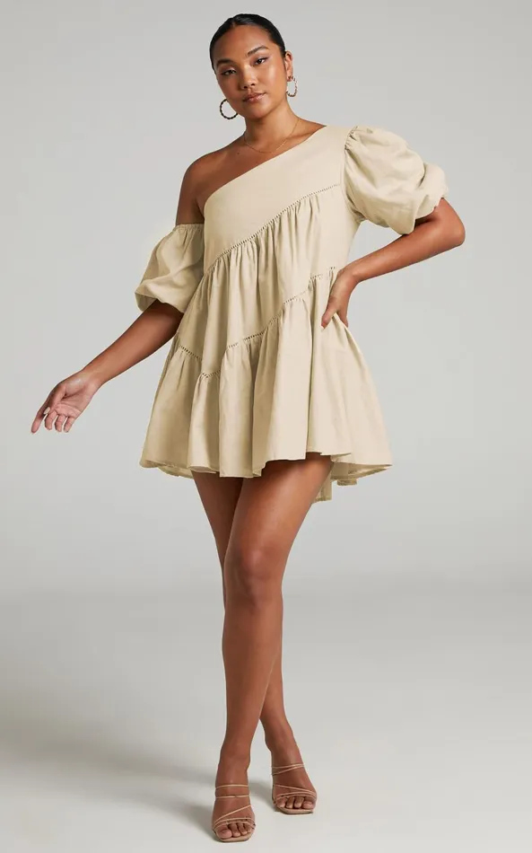Showpo Harleen Mini Dress 8211 Linen Look Asymmetrical Trim Puff Sleeve Dress In Beige Women Dresses