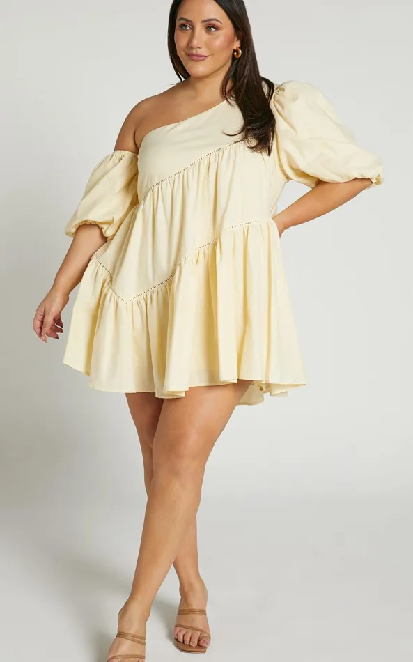 Showpo Harleen Mini Dress 8211 Linen Look Asymmetrical Trim Puff Sleeve Dress In Beige Women Dresses