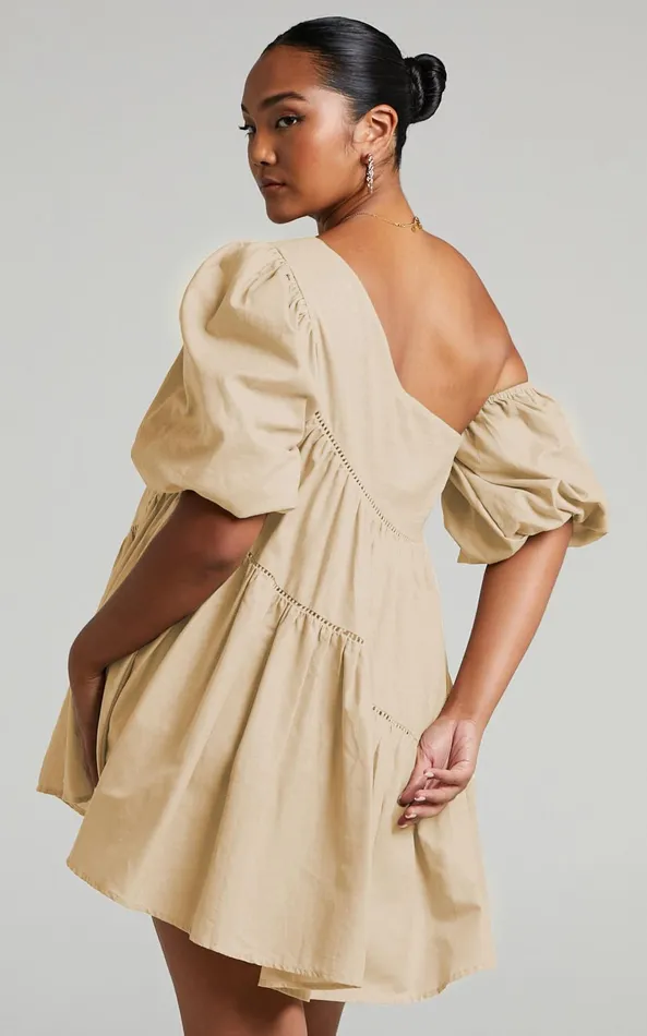 Showpo Harleen Mini Dress 8211 Linen Look Asymmetrical Trim Puff Sleeve Dress In Beige Women Dresses
