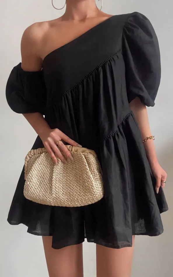 Showpo Harleen Mini Dress 8211 Linen Look Asymmetrical Trim Puff Sleeve Dress In Black Women Curve Clothes Showpo Harleen Mini Dress 8211 Linen Look Asymmetrical Trim Puff Sleeve Dress In Black Women Curve Clothes