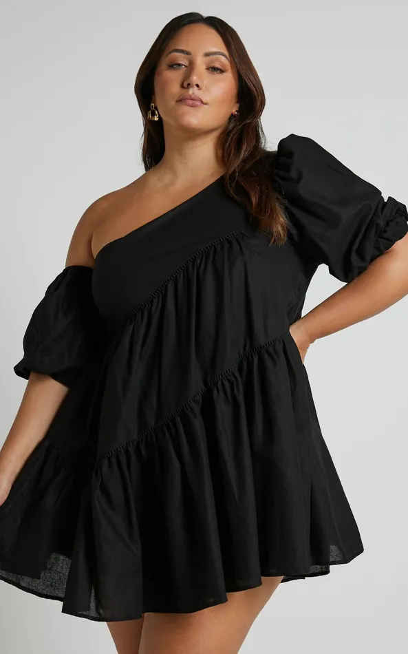 Showpo Harleen Mini Dress 8211 Linen Look Asymmetrical Trim Puff Sleeve Dress In Black Women Curve Clothes