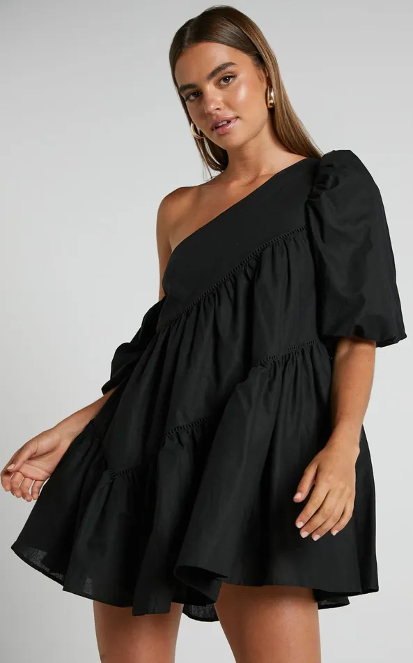 Showpo Harleen Mini Dress 8211 Linen Look Asymmetrical Trim Puff Sleeve Dress In Black Women Curve Clothes