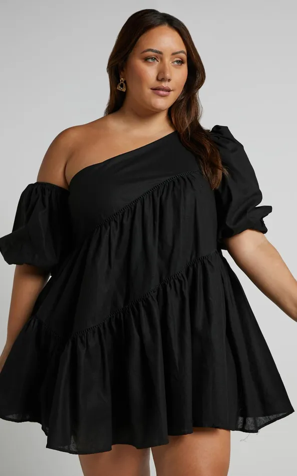 Showpo Harleen Mini Dress 8211 Linen Look Asymmetrical Trim Puff Sleeve Dress In Black Women Curve Clothes
