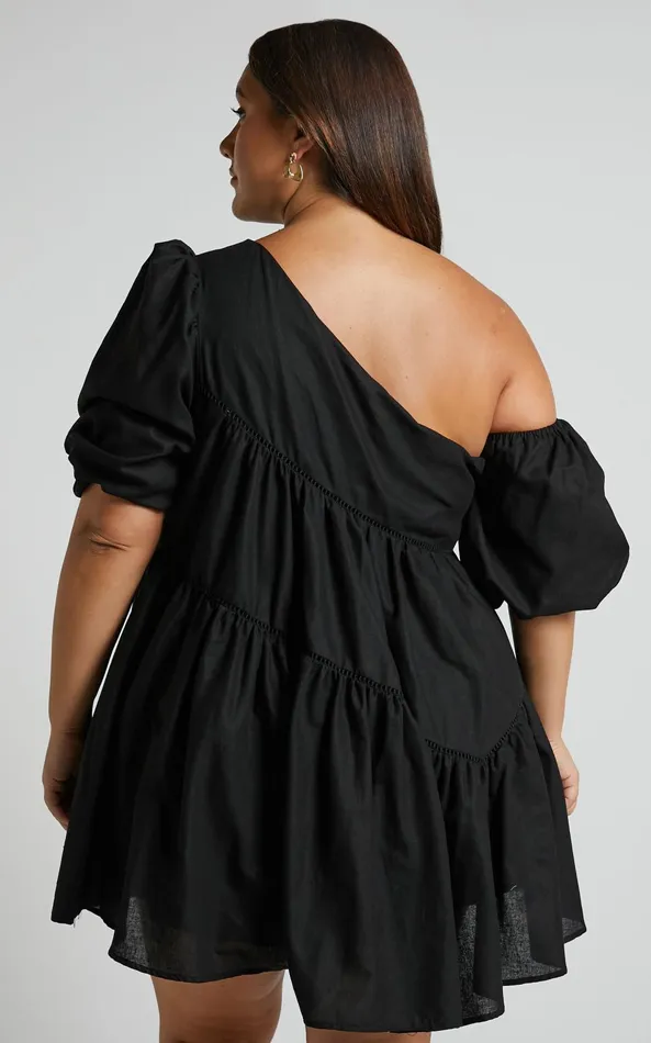 Showpo Harleen Mini Dress 8211 Linen Look Asymmetrical Trim Puff Sleeve Dress In Black Women Curve Clothes