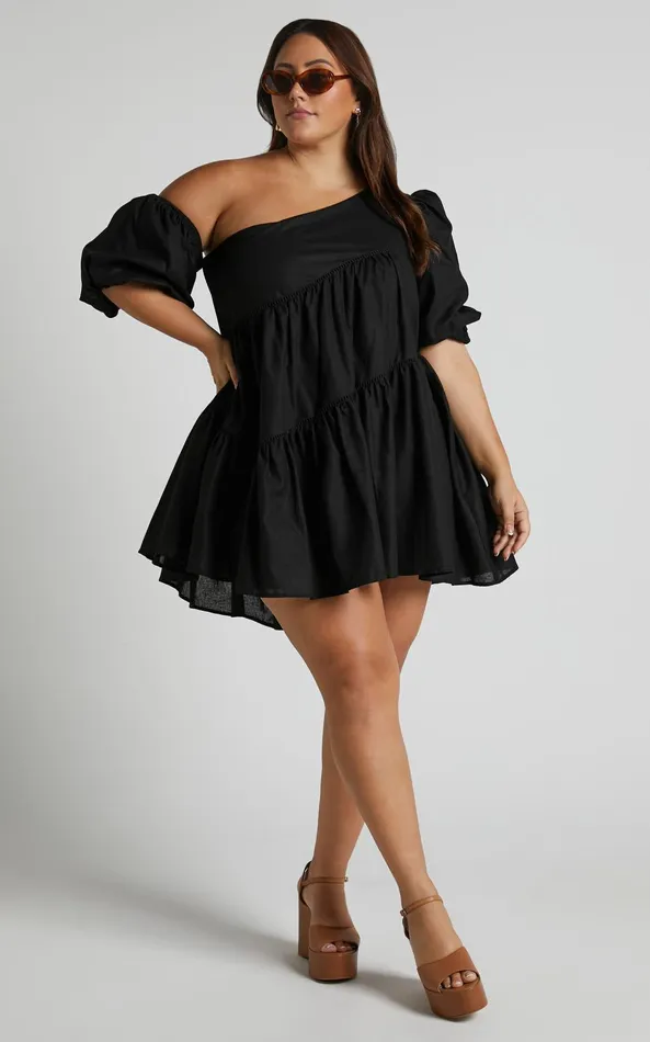 Showpo Harleen Mini Dress 8211 Linen Look Asymmetrical Trim Puff Sleeve Dress In Black Women Curve Clothes
