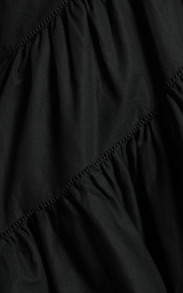 Showpo Harleen Mini Dress 8211 Linen Look Asymmetrical Trim Puff Sleeve Dress In Black Women Curve Clothes