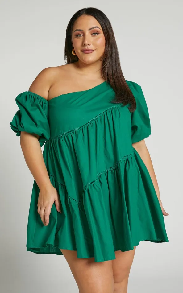 Showpo Harleen Mini Dress 8211 Linen Look Asymmetrical Trim Puff Sleeve Dress In Green Women Dresses