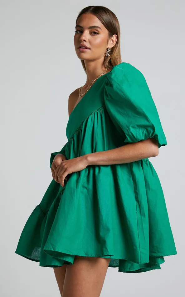 Showpo Harleen Mini Dress 8211 Linen Look Asymmetrical Trim Puff Sleeve Dress In Green Women Dresses