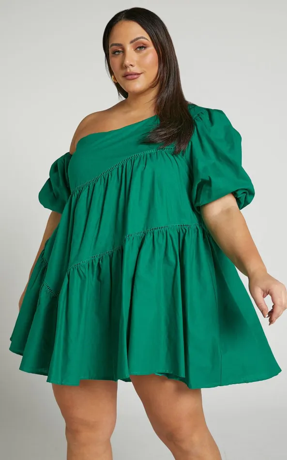 Showpo Harleen Mini Dress 8211 Linen Look Asymmetrical Trim Puff Sleeve Dress In Green Women Dresses