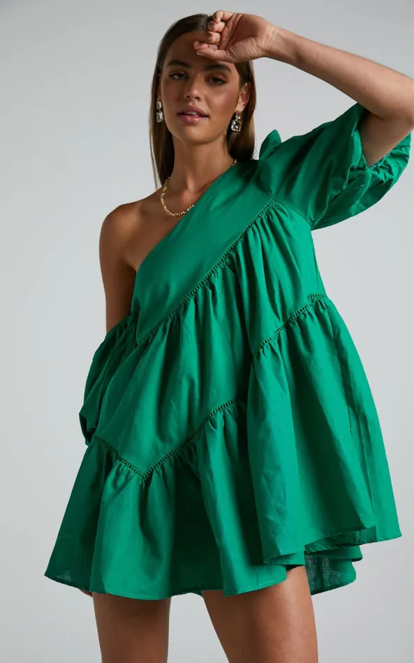 Showpo Harleen Mini Dress 8211 Linen Look Asymmetrical Trim Puff Sleeve Dress In Green Women Dresses