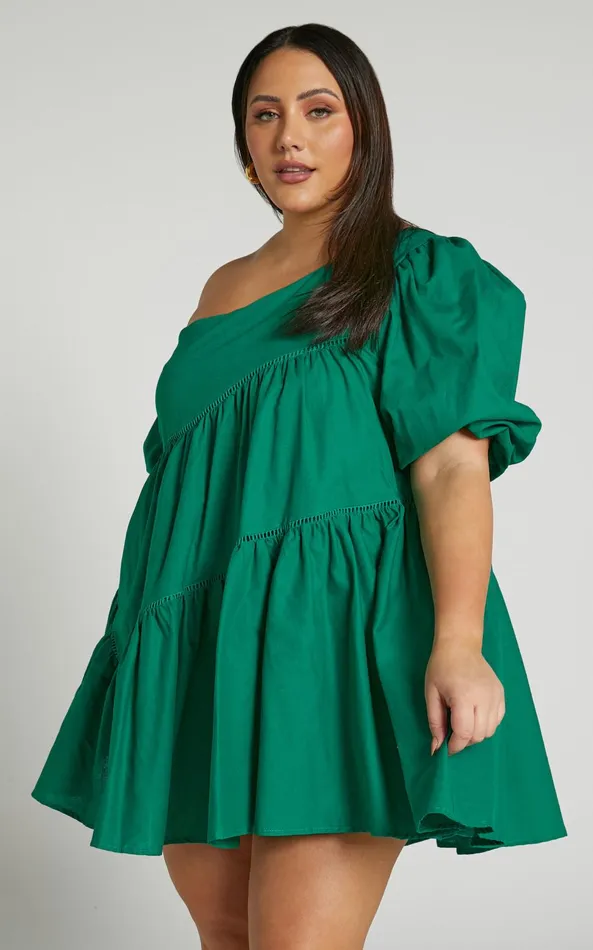 Showpo Harleen Mini Dress 8211 Linen Look Asymmetrical Trim Puff Sleeve Dress In Green Women Dresses