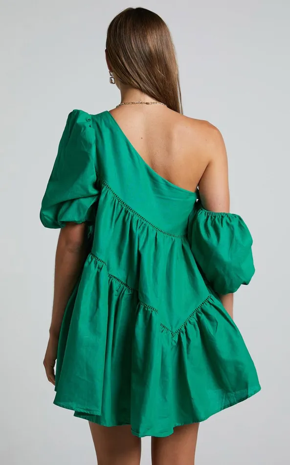 Showpo Harleen Mini Dress 8211 Linen Look Asymmetrical Trim Puff Sleeve Dress In Green Women Dresses
